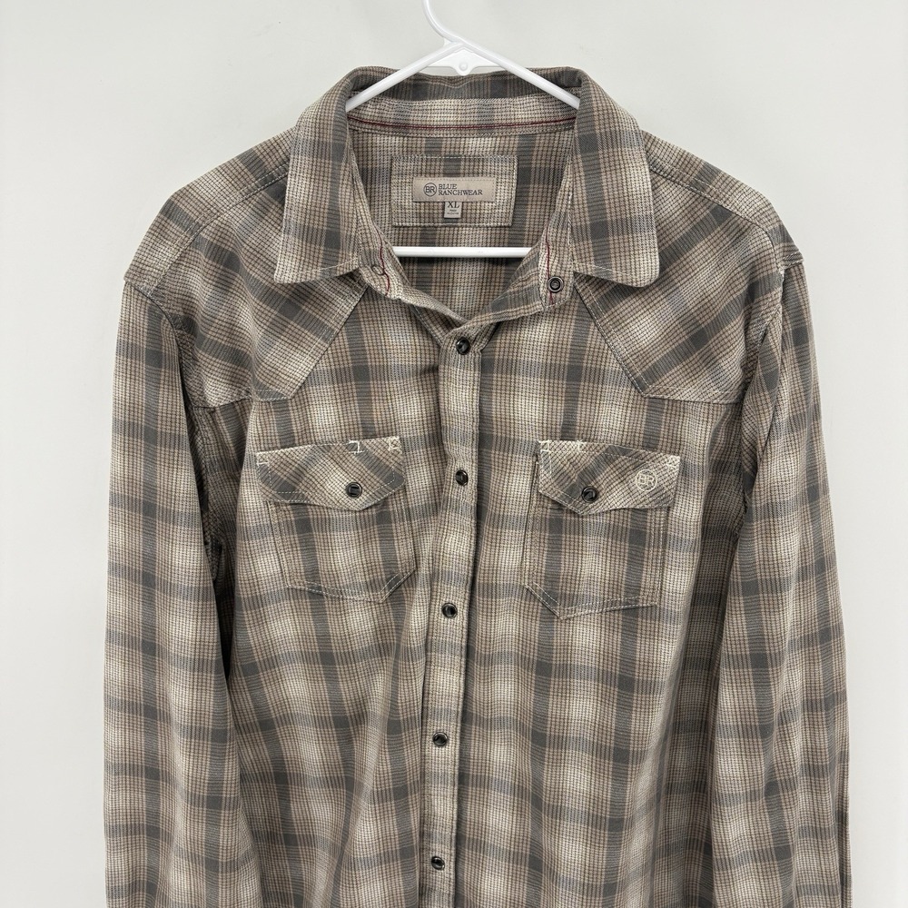 Blue Ranchwear Shirt Men XL Pearl‎ Snap Button Tan Plaid Cowboy Western Workwear